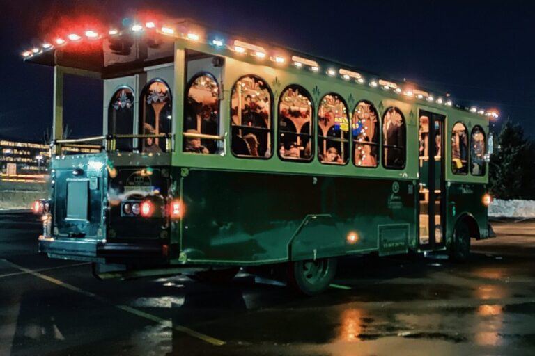 Trolley lit up at night