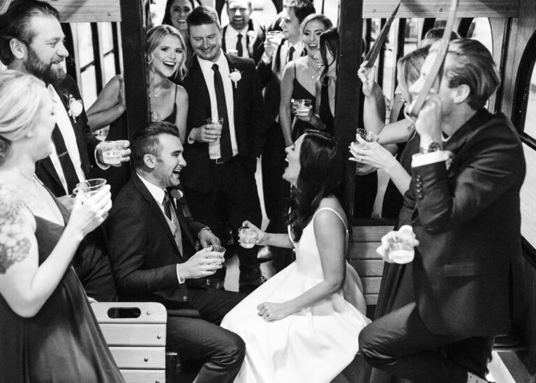 Wedding party inside trolley